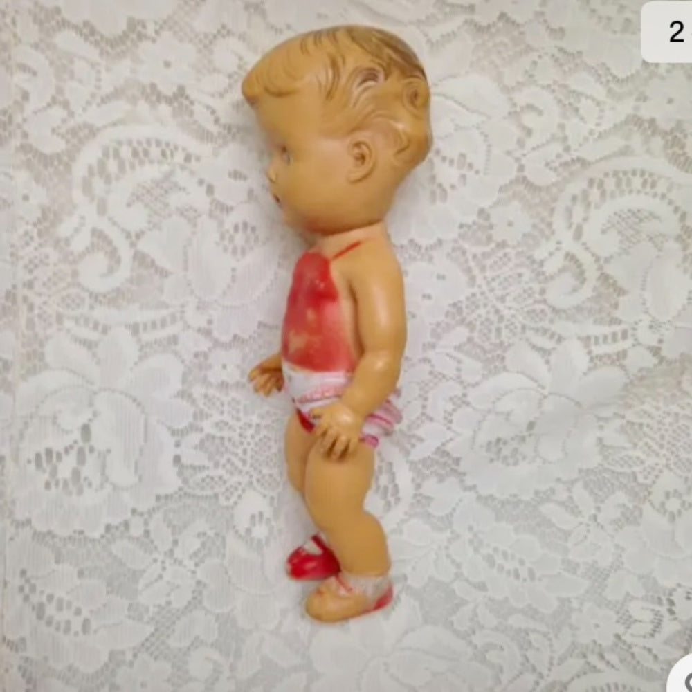 Vintage, 1940s Sun Rubber Doll in Red and White Playsuit