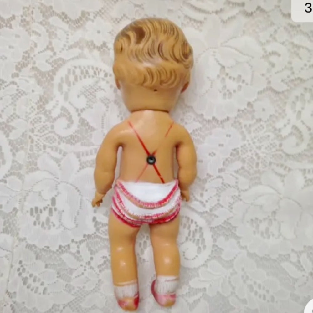 Vintage, 1940s Sun Rubber Doll in Red and White Playsuit