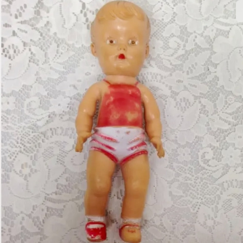 Vintage, 1940s Sun Rubber Doll in Red and White Playsuit