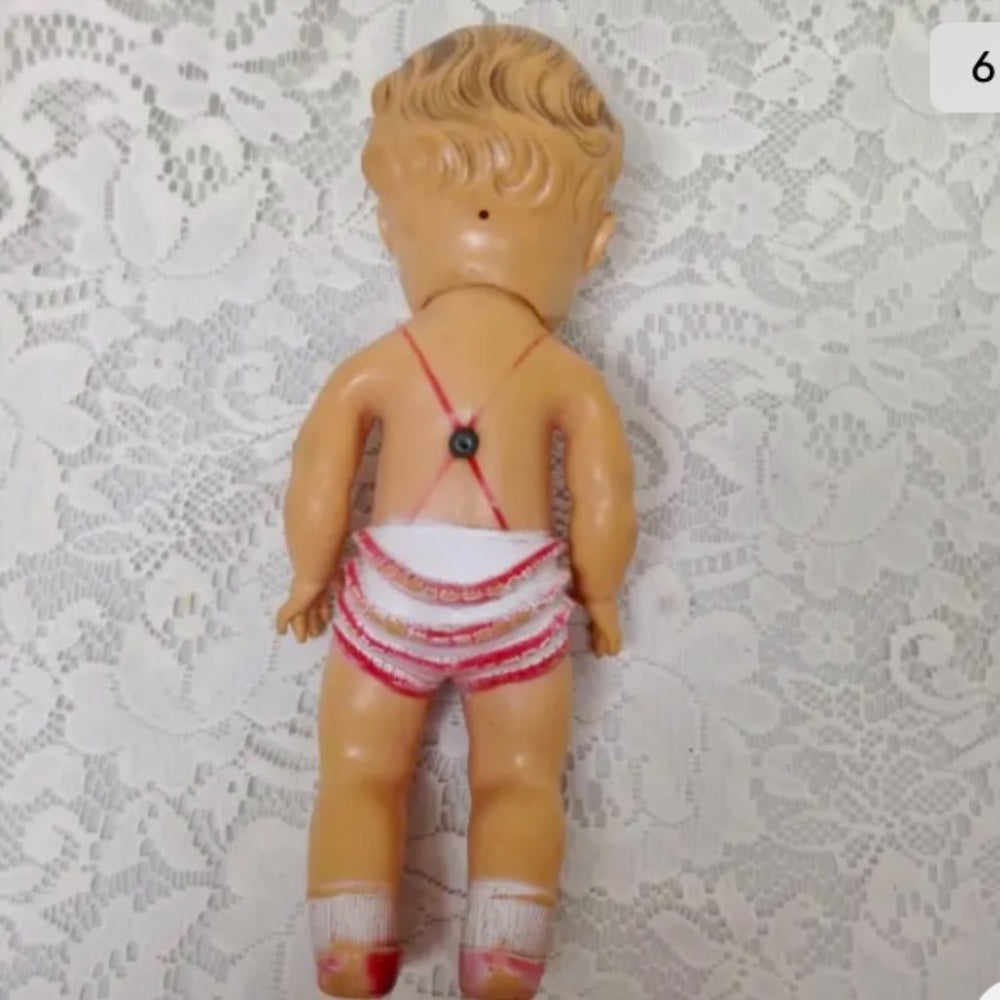 Vintage, 1940s Sun Rubber Doll in Red and White Playsuit