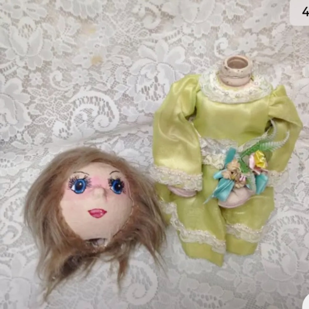Vintage, Handcrafted Paper Mache Head-13in Doll with Gown Covered Secret Bottle