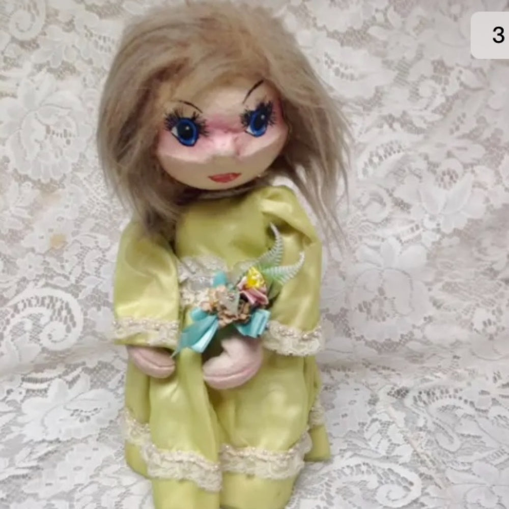 Vintage, Handcrafted Paper Mache Head-13in Doll with Gown Covered Secret Bottle