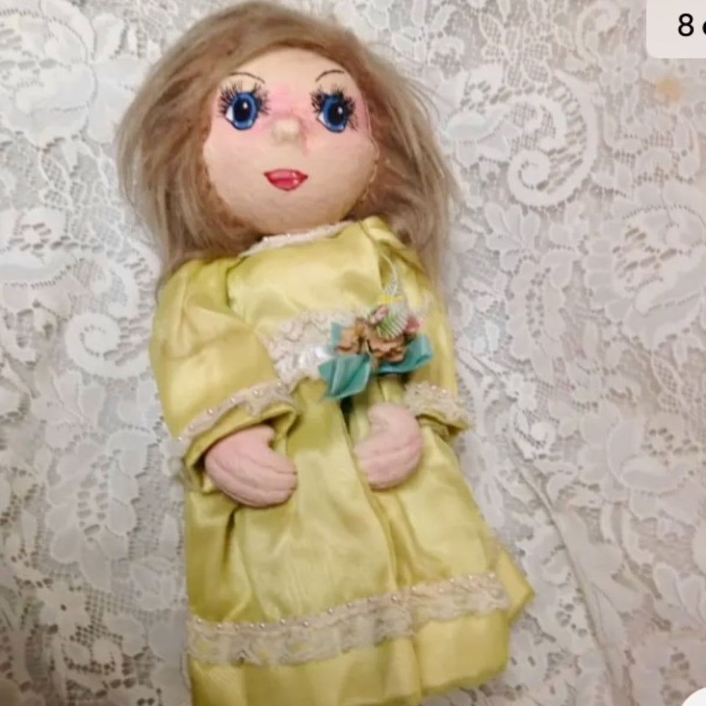 Vintage, Handcrafted Paper Mache Head-13in Doll with Gown Covered Secret Bottle
