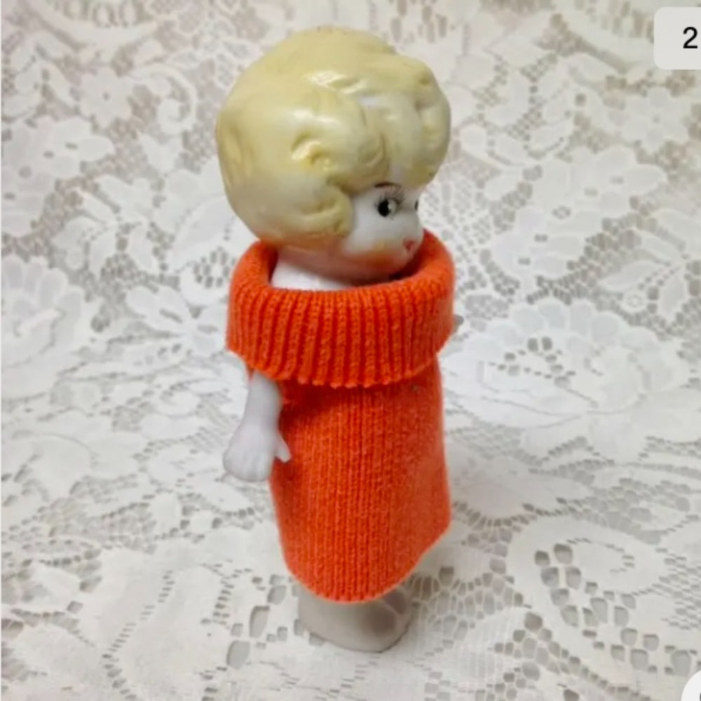 Antique, Made in Japan, 5.25in Bisque, Googly-eyed Doll in Orange Dress
