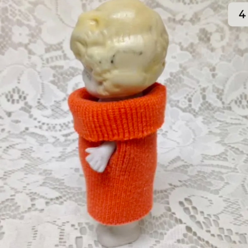 Antique, Made in Japan, 5.25in Bisque, Googly-eyed Doll in Orange Dress