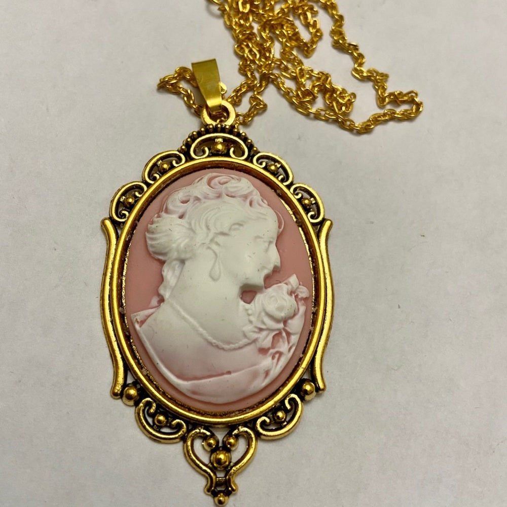 Vintage Pink Cameo of a Lady 18in Gold Plated Pendant Necklace