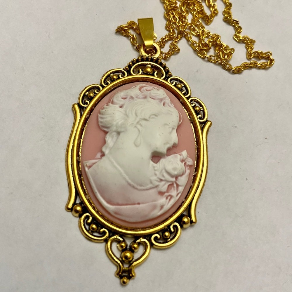 Vintage Pink Cameo of a Lady 18in Gold Plated Pendant Necklace