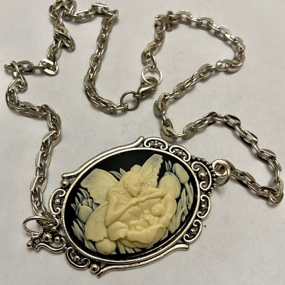 Vintage Black Cameo of an Angel and Infant 18in Silver Plated Pendant Necklace