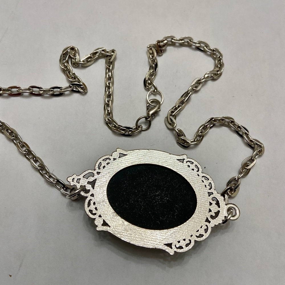 Vintage Black Cameo of an Angel and Infant 18in Silver Plated Pendant Necklace