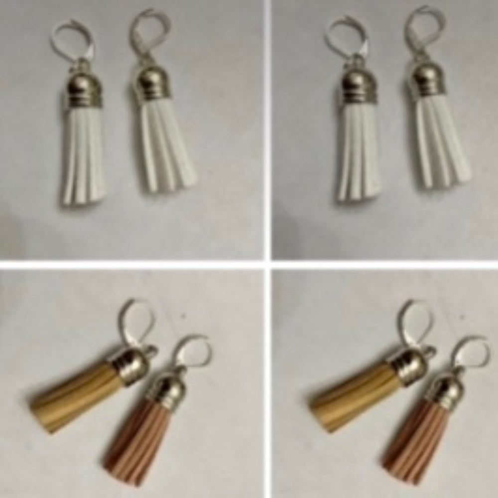 2 Pairs of Leather Tassel Dangling Earrings (White and Tan)