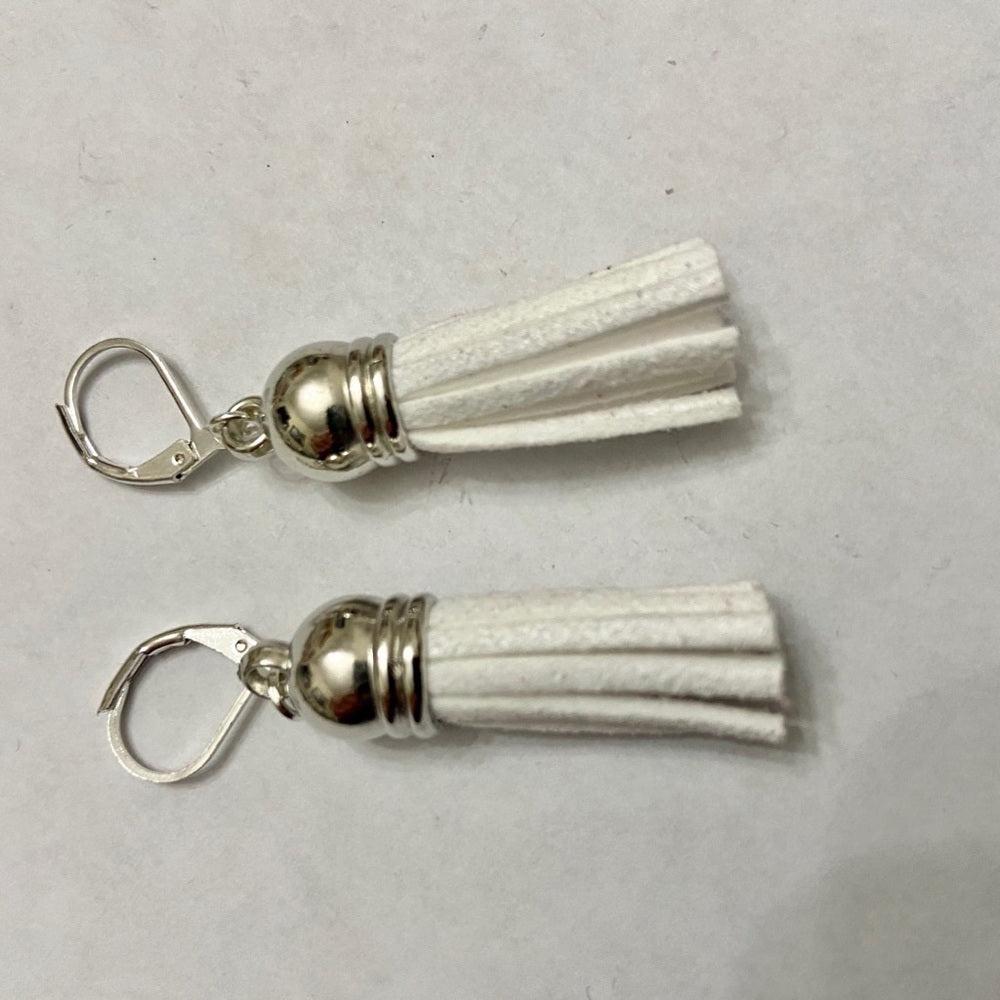 2 Pairs of Leather Tassel Dangling Earrings (White and Tan)