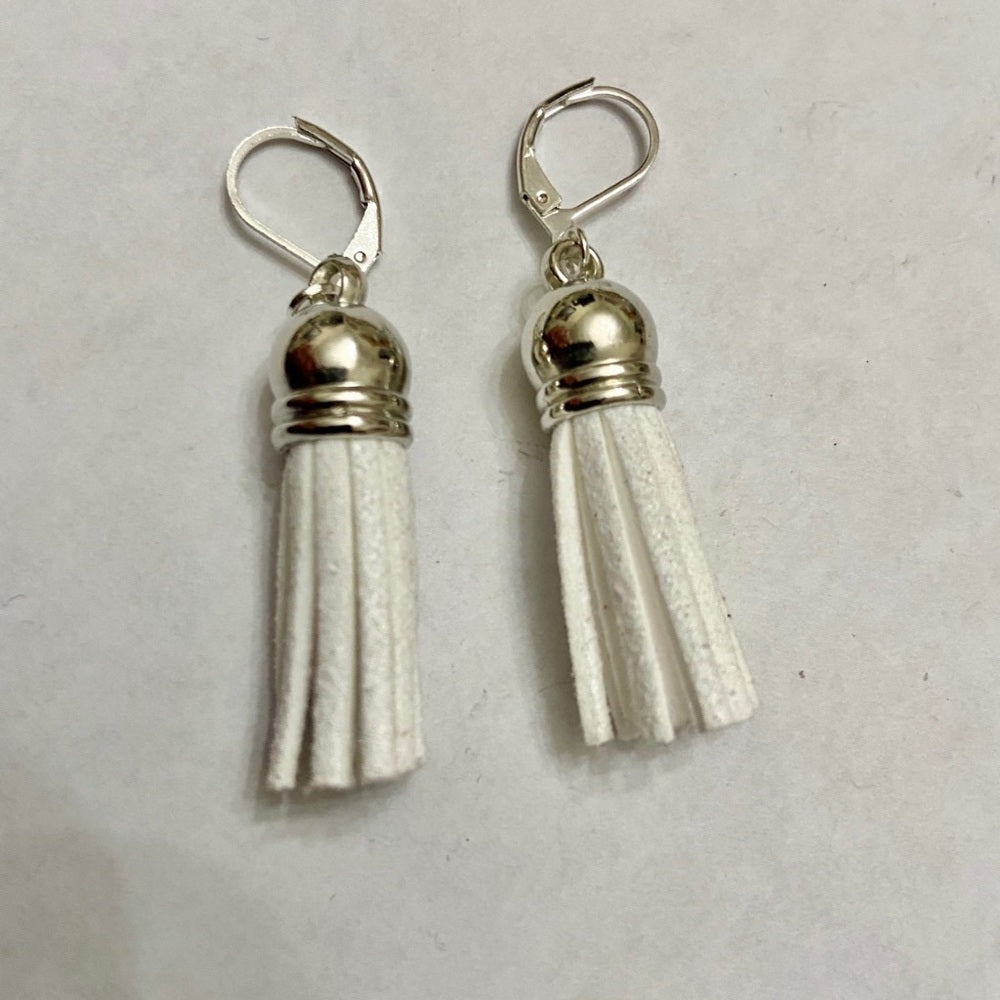 2 Pairs of Leather Tassel Dangling Earrings (White and Tan)
