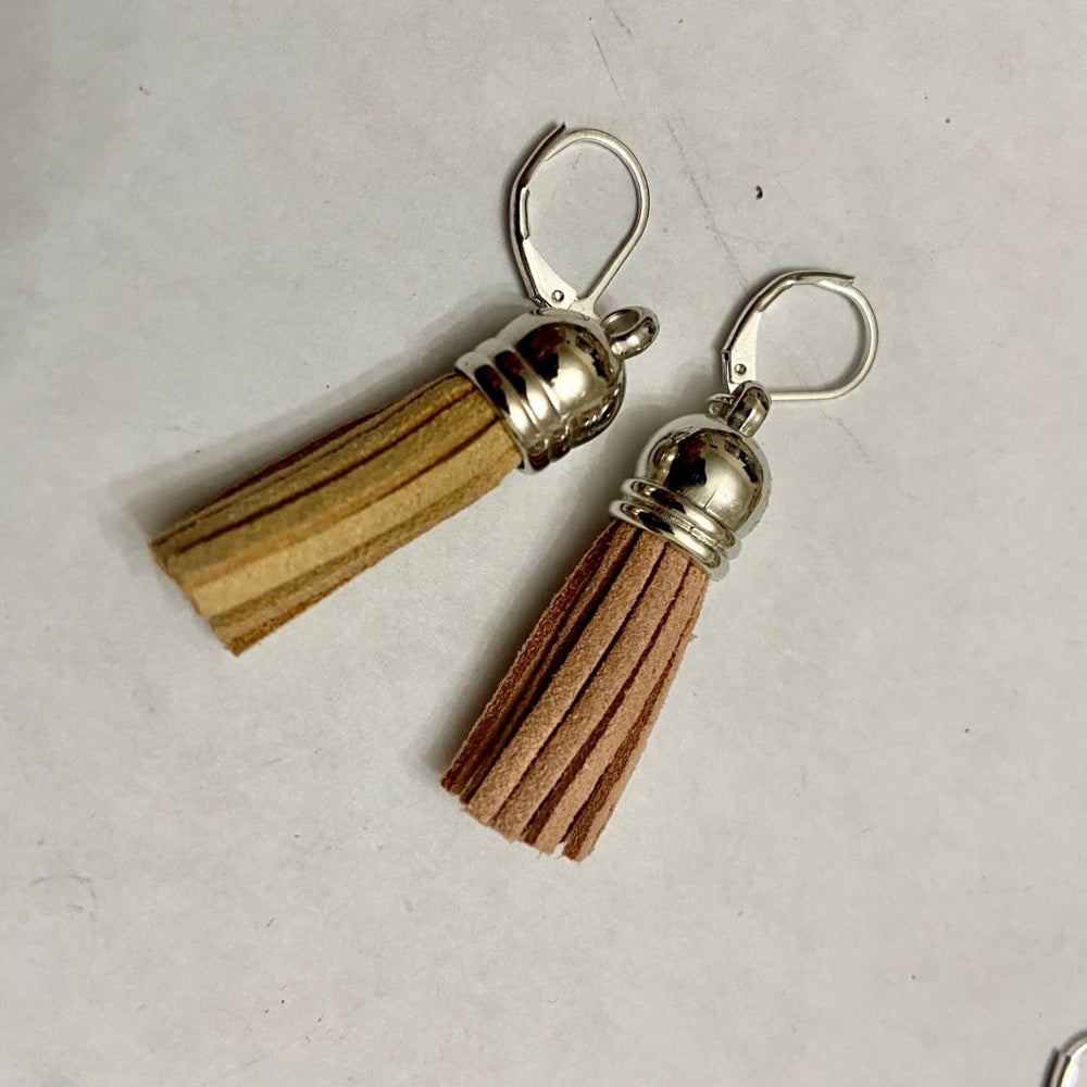 2 Pairs of Leather Tassel Dangling Earrings (White and Tan)