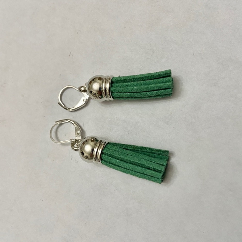 Pair of Green Leather Tassel Dangling Earrings