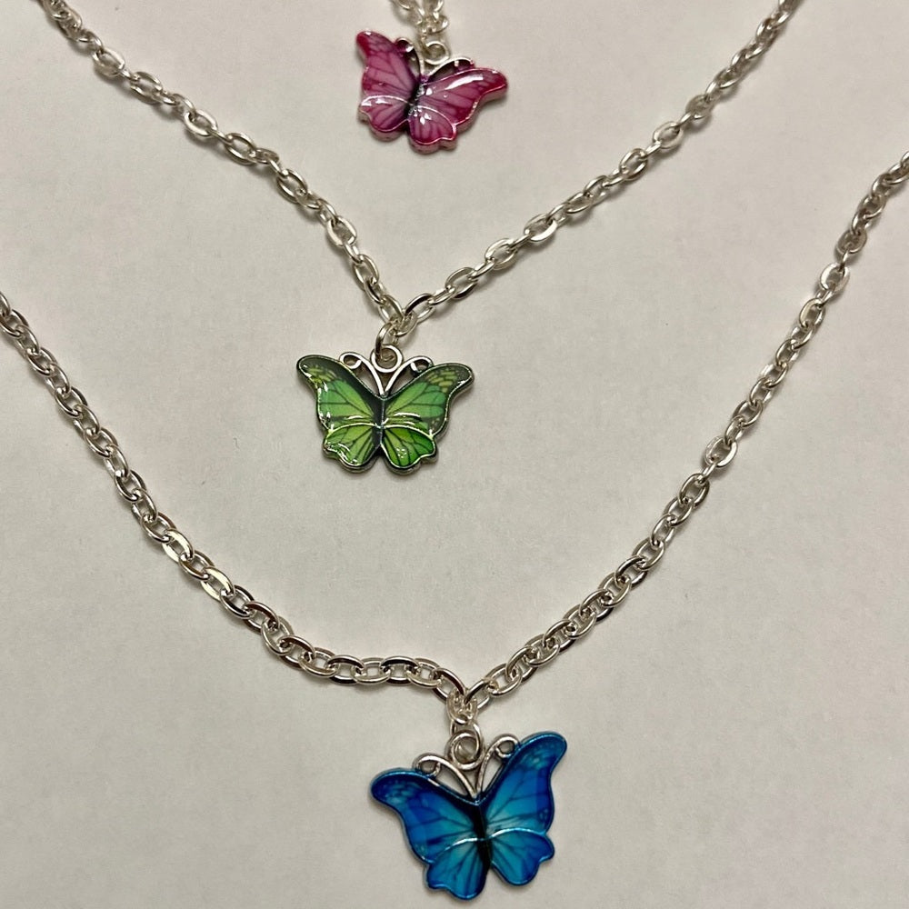 Colorful, Enamel Butterflies - 3 strands Pendant Necklace