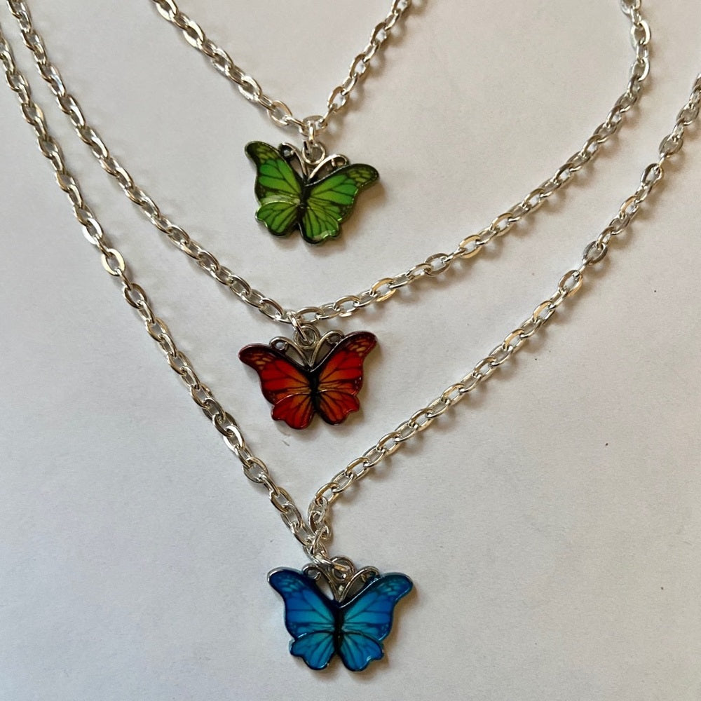 Colorful, Enamel Butterflies - 3 strands Pendant Necklace ( Green, Red, Blue)