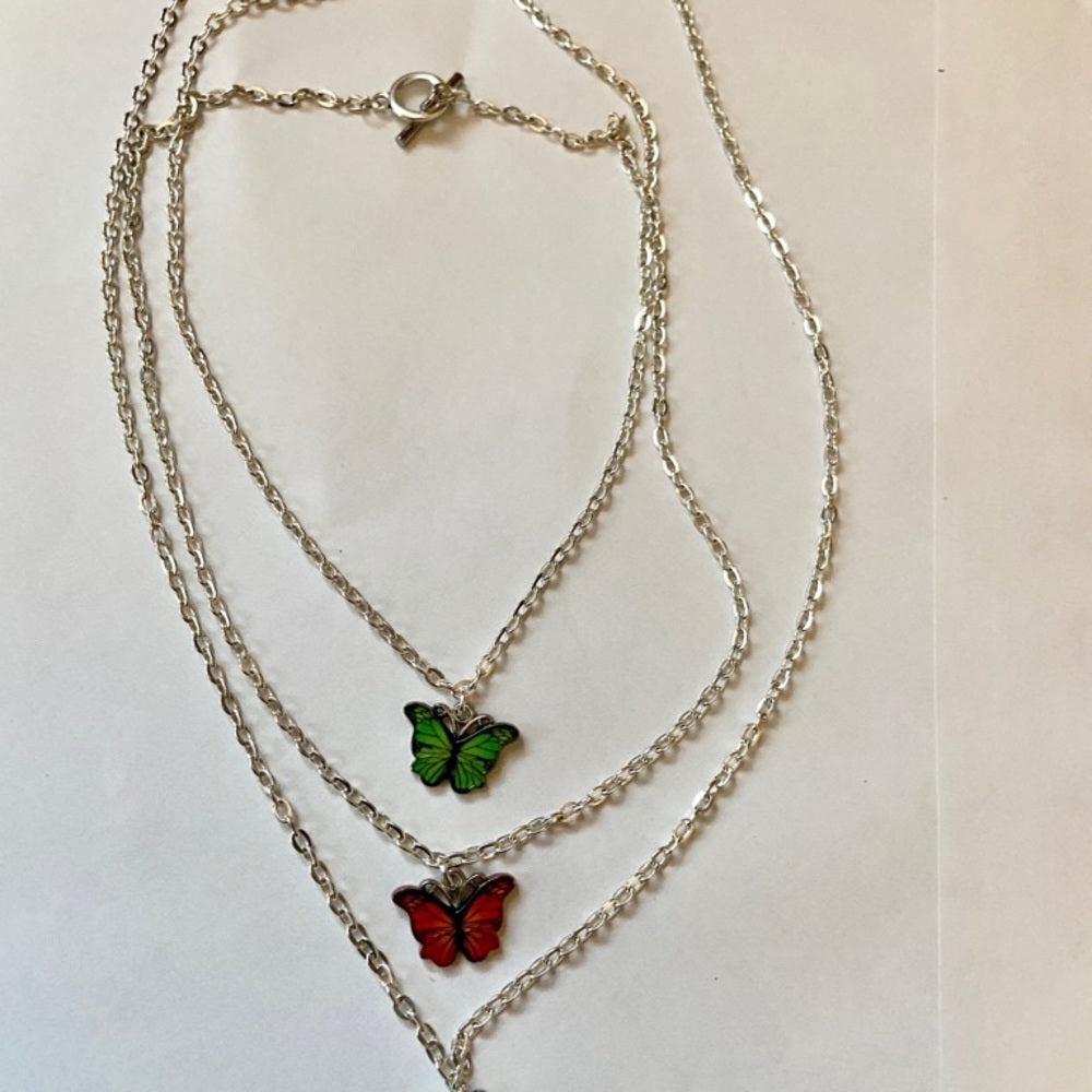 Colorful, Enamel Butterflies - 3 strands Pendant Necklace ( Green, Red, Blue)