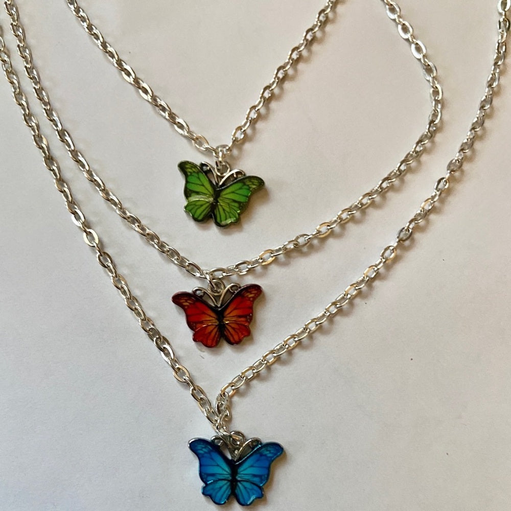 Colorful, Enamel Butterflies - 3 strands Pendant Necklace ( Green, Red, Blue)