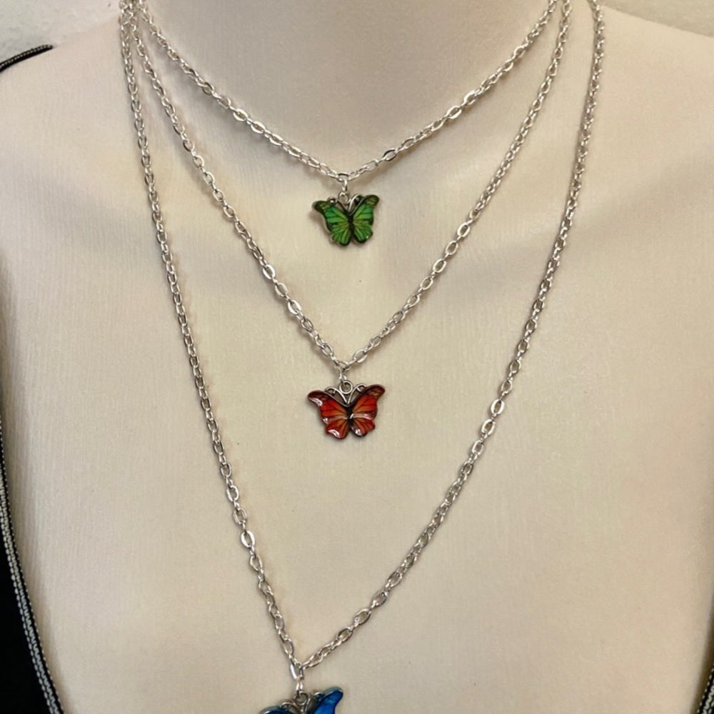 Colorful, Enamel Butterflies - 3 strands Pendant Necklace ( Green, Red, Blue)