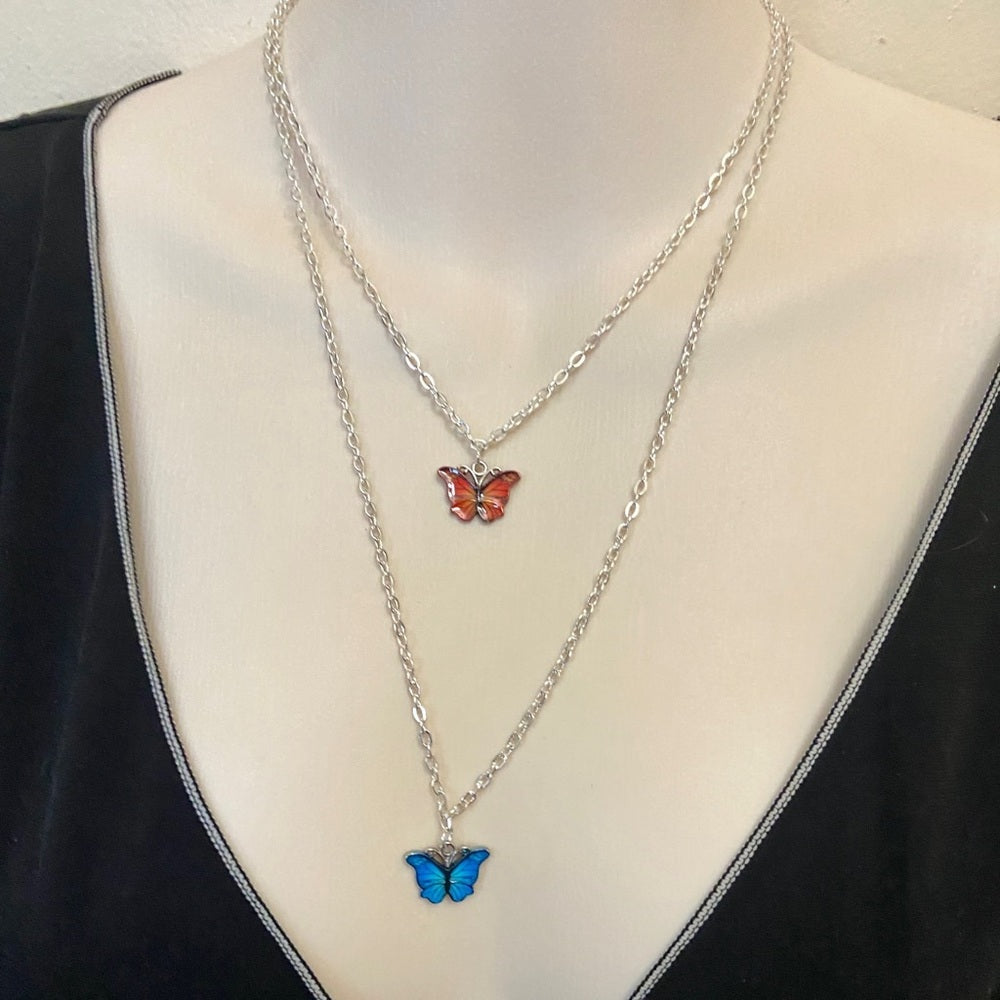 Colorful, Enamel Butterflies - 3 strands Pendant Necklace ( Green, Red, Blue)