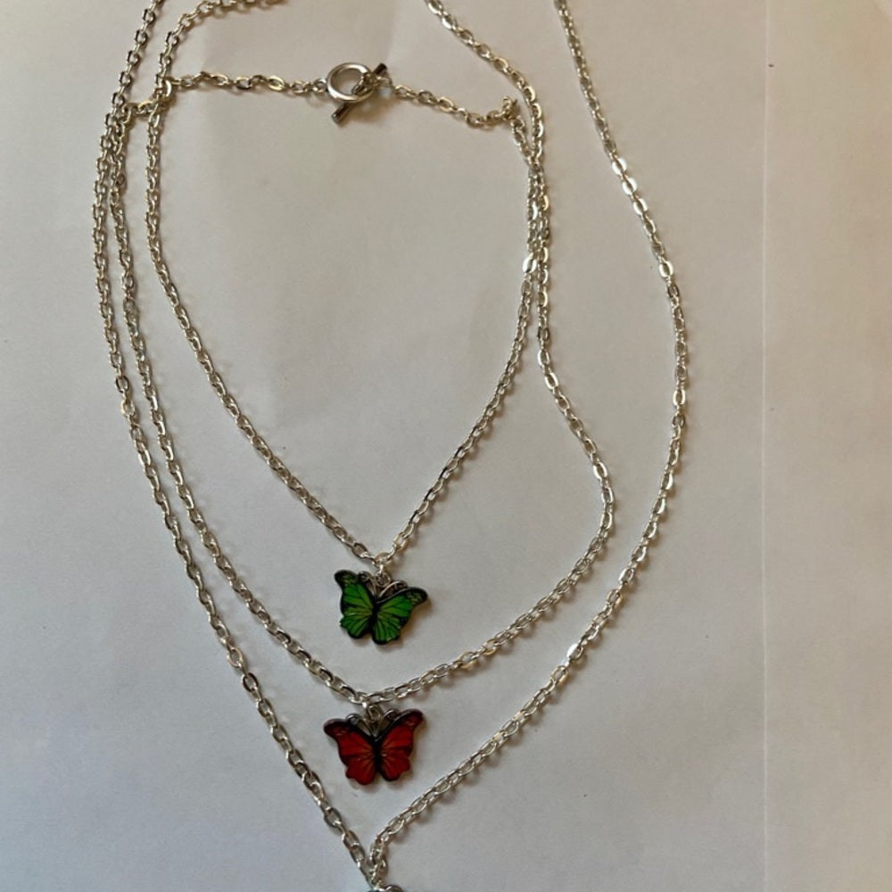 Colorful, Enamel Butterflies - 3 strands Pendant Necklace ( Green, Red, Blue)