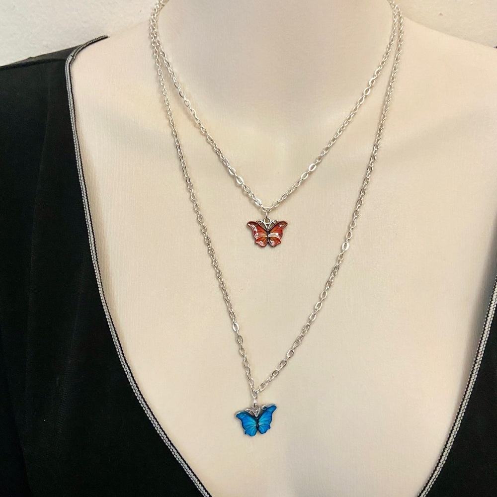Colorful, Enamel Butterflies - 3 strands Pendant Necklace ( Green, Red, Blue)