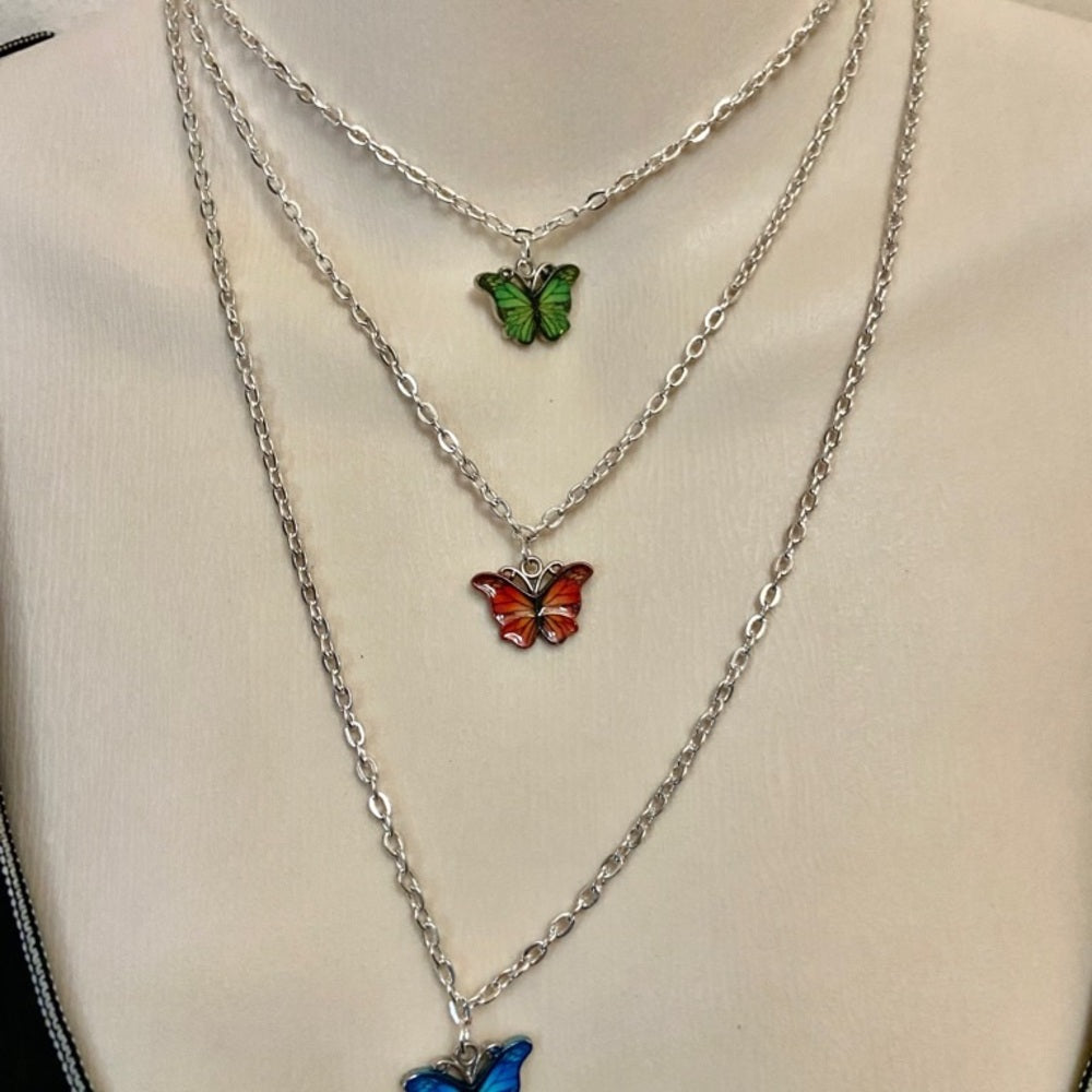 Colorful, Enamel Butterflies - 3 strands Pendant Necklace ( Green, Red, Blue)