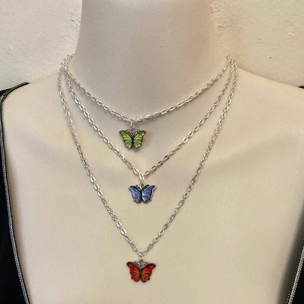 Colorful, Enamel Butterflies - 3 strands Pendant Necklace