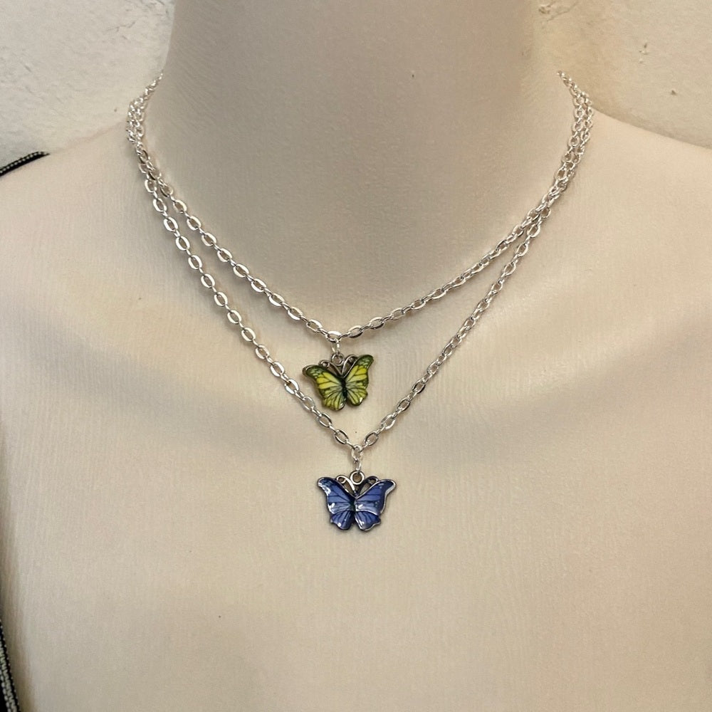 Colorful, Enamel Butterflies - 3 strands Pendant Necklace