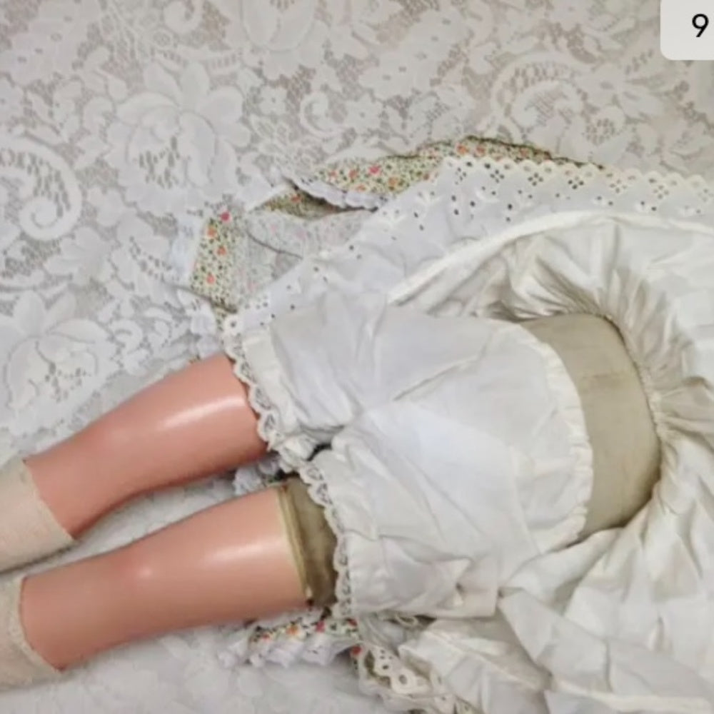 1920-30s 28in Composition Doll in Printed Floral Dress and Green Shoes