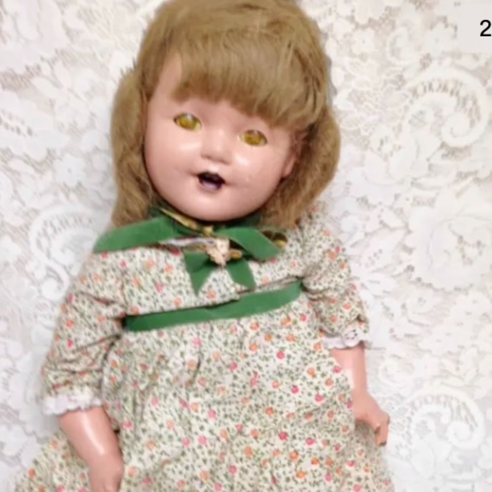 1920-30s 28in Composition Doll in Printed Floral Dress and Green Shoes