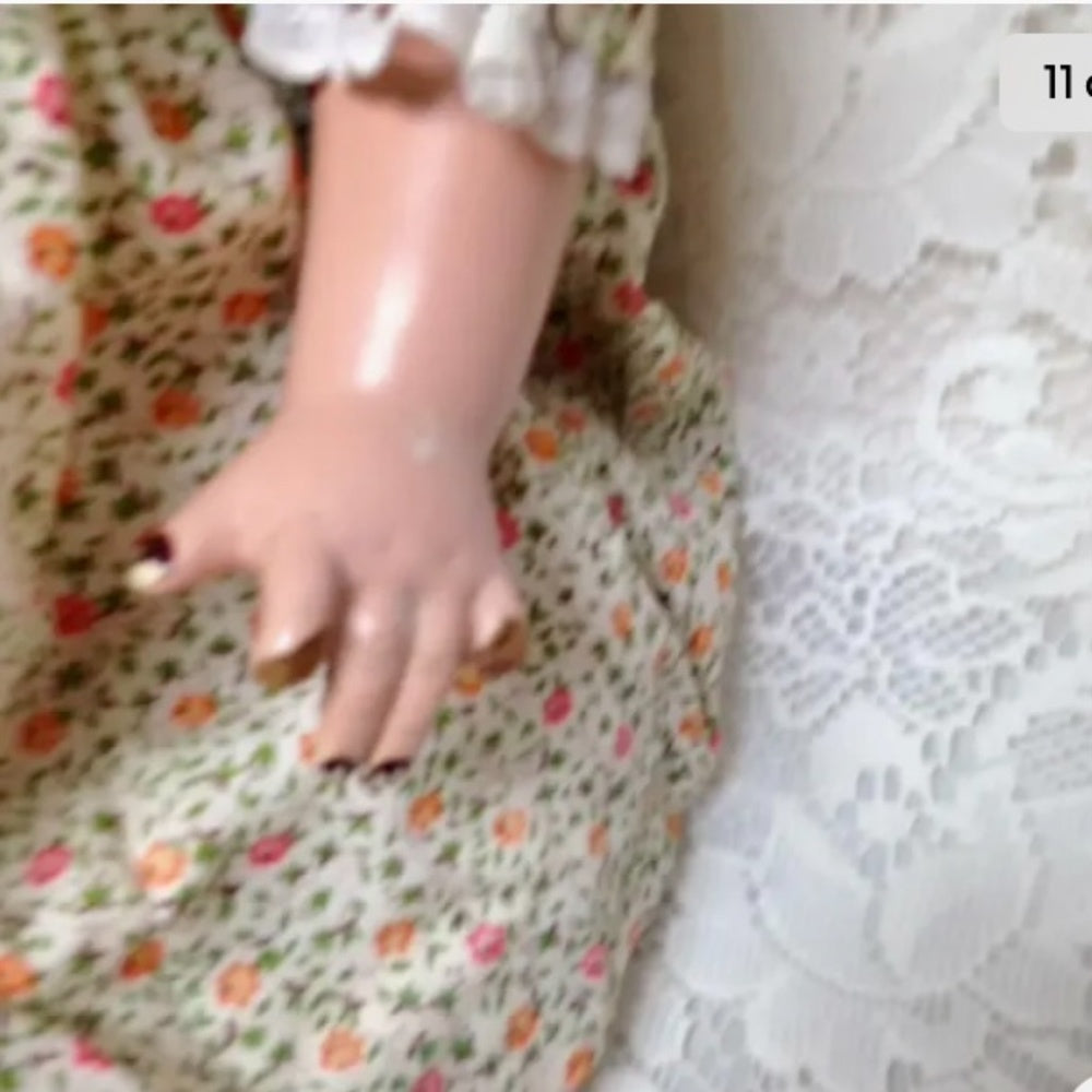 1920-30s 28in Composition Doll in Printed Floral Dress and Green Shoes