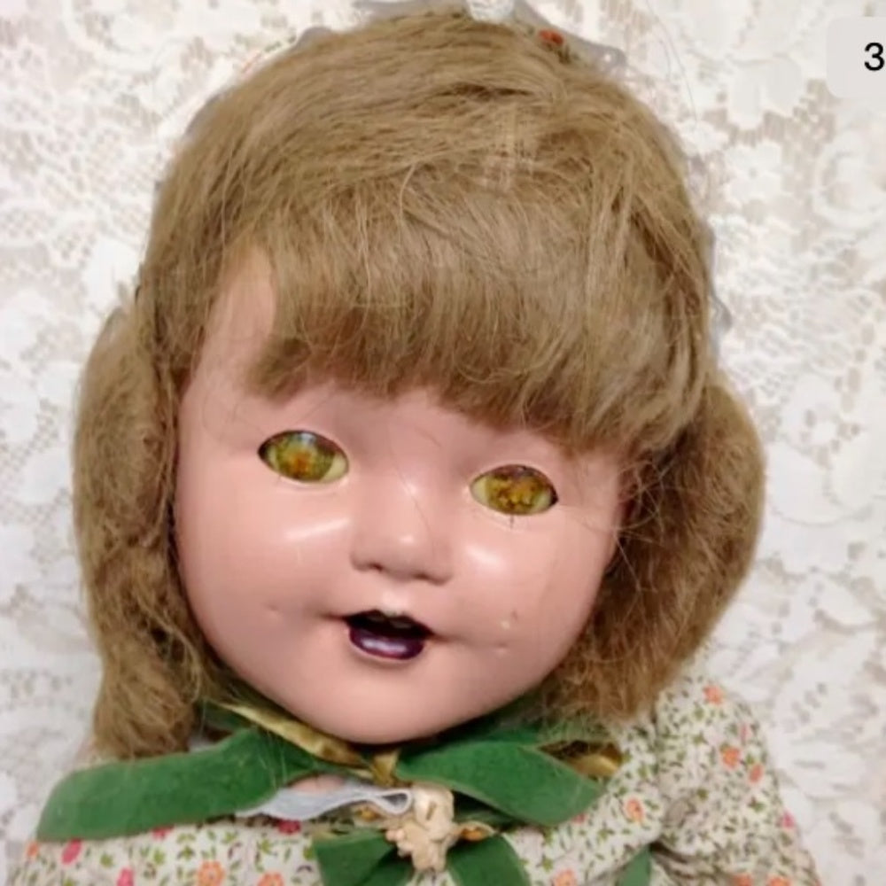 1920-30s 28in Composition Doll in Printed Floral Dress and Green Shoes