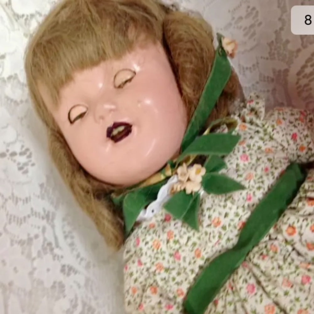 1920-30s 28in Composition Doll in Printed Floral Dress and Green Shoes
