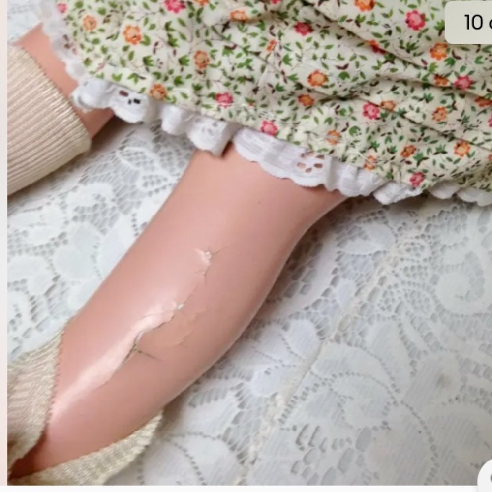 1920-30s 28in Composition Doll in Printed Floral Dress and Green Shoes