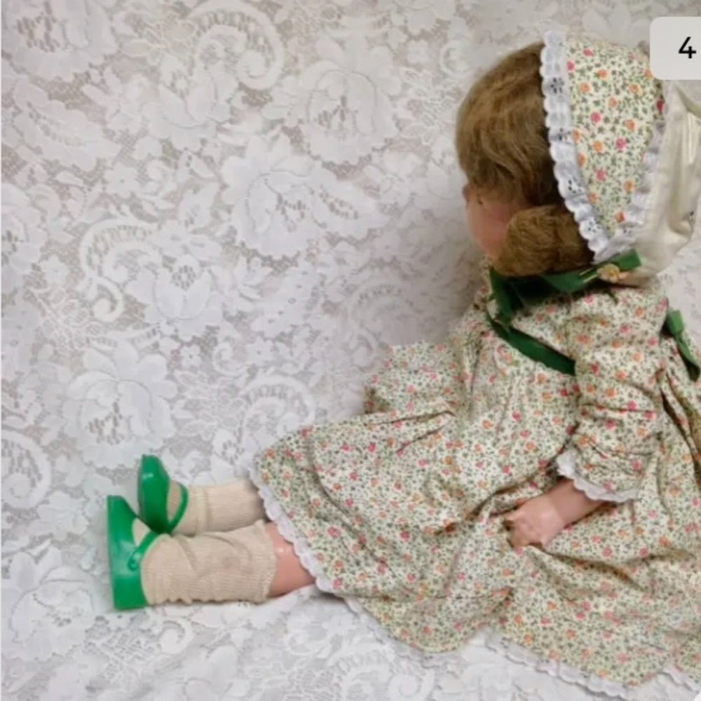 1920-30s 28in Composition Doll in Printed Floral Dress and Green Shoes