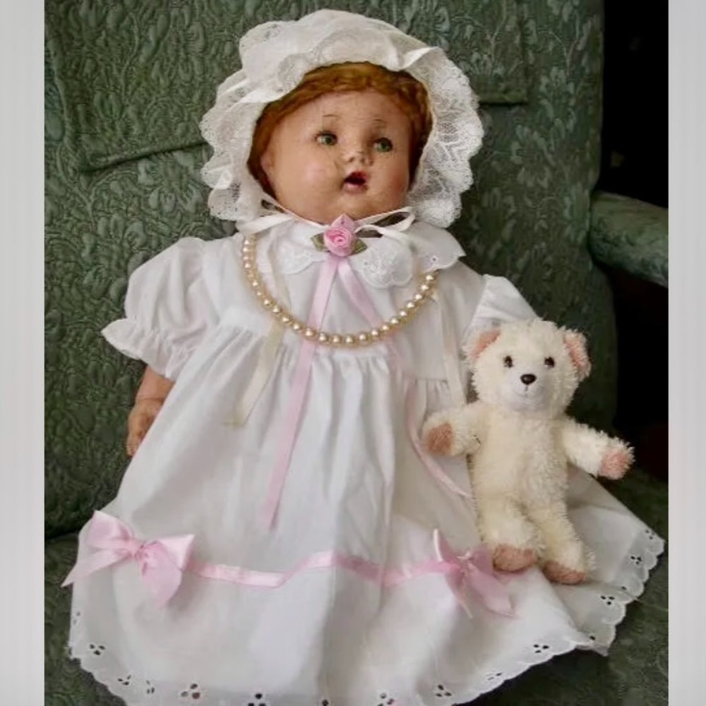 1920-30s 18-inch Composition Doll In White Dress-Bonnet