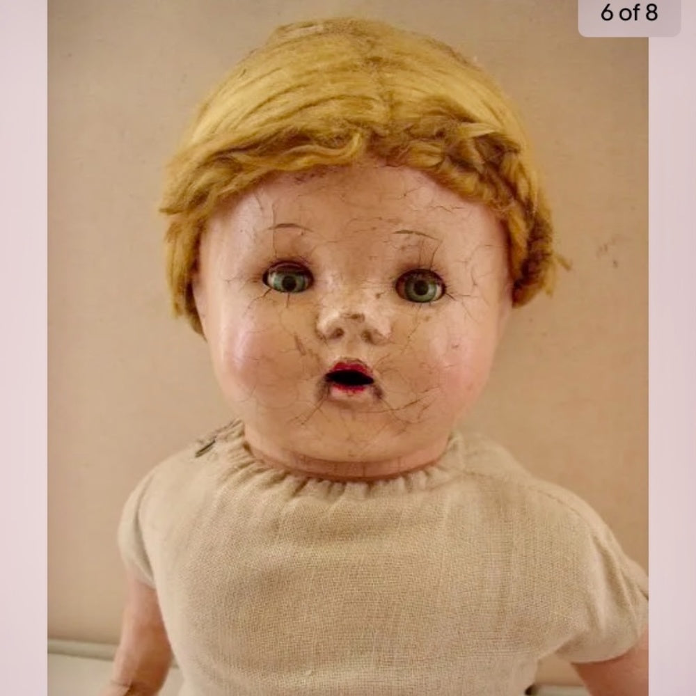 1920-30s 18-inch Composition Doll In White Dress-Bonnet