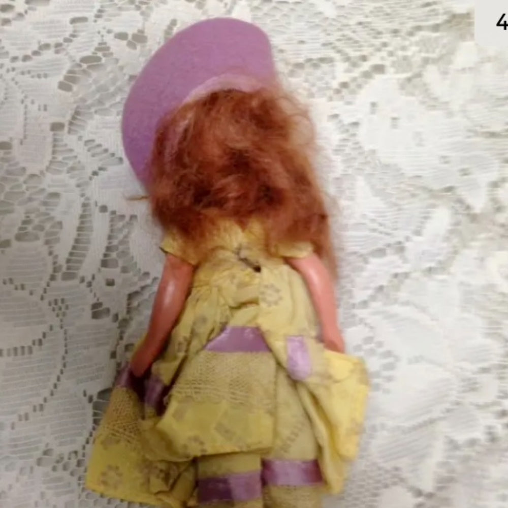 Vintage, 1930s 5.5in Nancy Ann Story Book Bisque Doll- Yellow Dress n Purple Hat