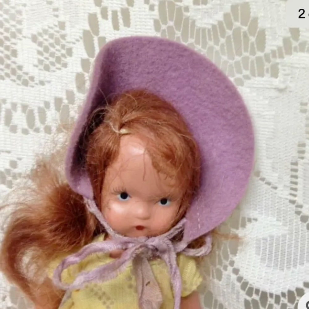 Vintage, 1930s 5.5in Nancy Ann Story Book Bisque Doll- Yellow Dress n Purple Hat