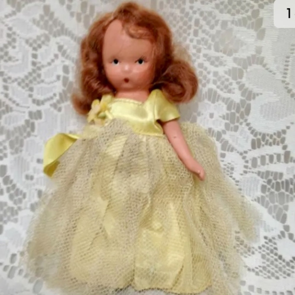 Vintage, 1930s 5.5in Nancy Ann Story Book Bisque Doll- Yellow Lace Gown