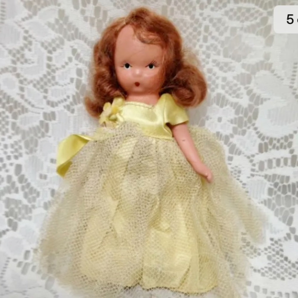Vintage, 1930s 5.5in Nancy Ann Story Book Bisque Doll- Yellow Lace Gown