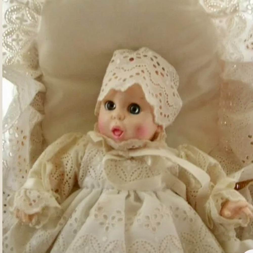 Vintage, Advertising Gerber Baby in Christening Gown Basket and Beddings