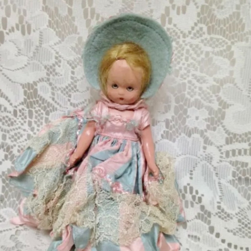 Vintage1940-50s 5.5in Nancy Ann Story Book Doll in Pink n Blue Stripes Dress/Hat