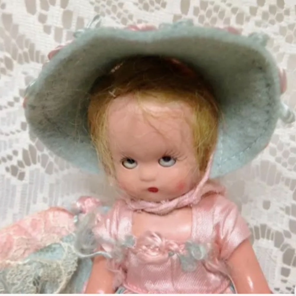 Vintage1940-50s 5.5in Nancy Ann Story Book Doll in Pink n Blue Stripes Dress/Hat