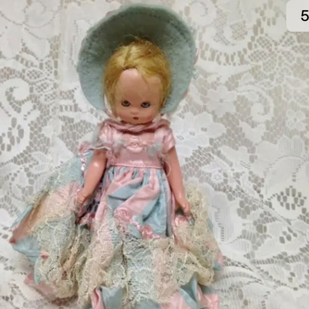 Vintage1940-50s 5.5in Nancy Ann Story Book Doll in Pink n Blue Stripes Dress/Hat