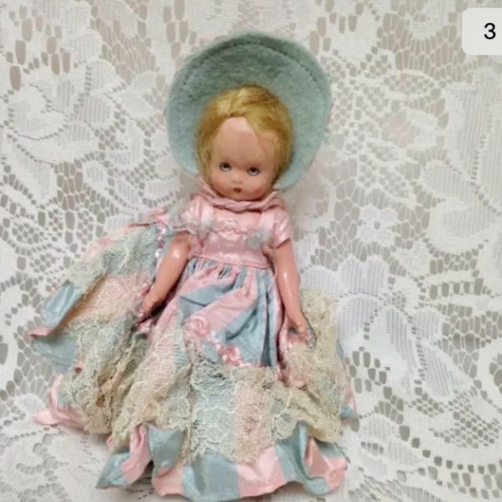 Vintage1940-50s 5.5in Nancy Ann Story Book Doll in Pink n Blue Stripes Dress/Hat