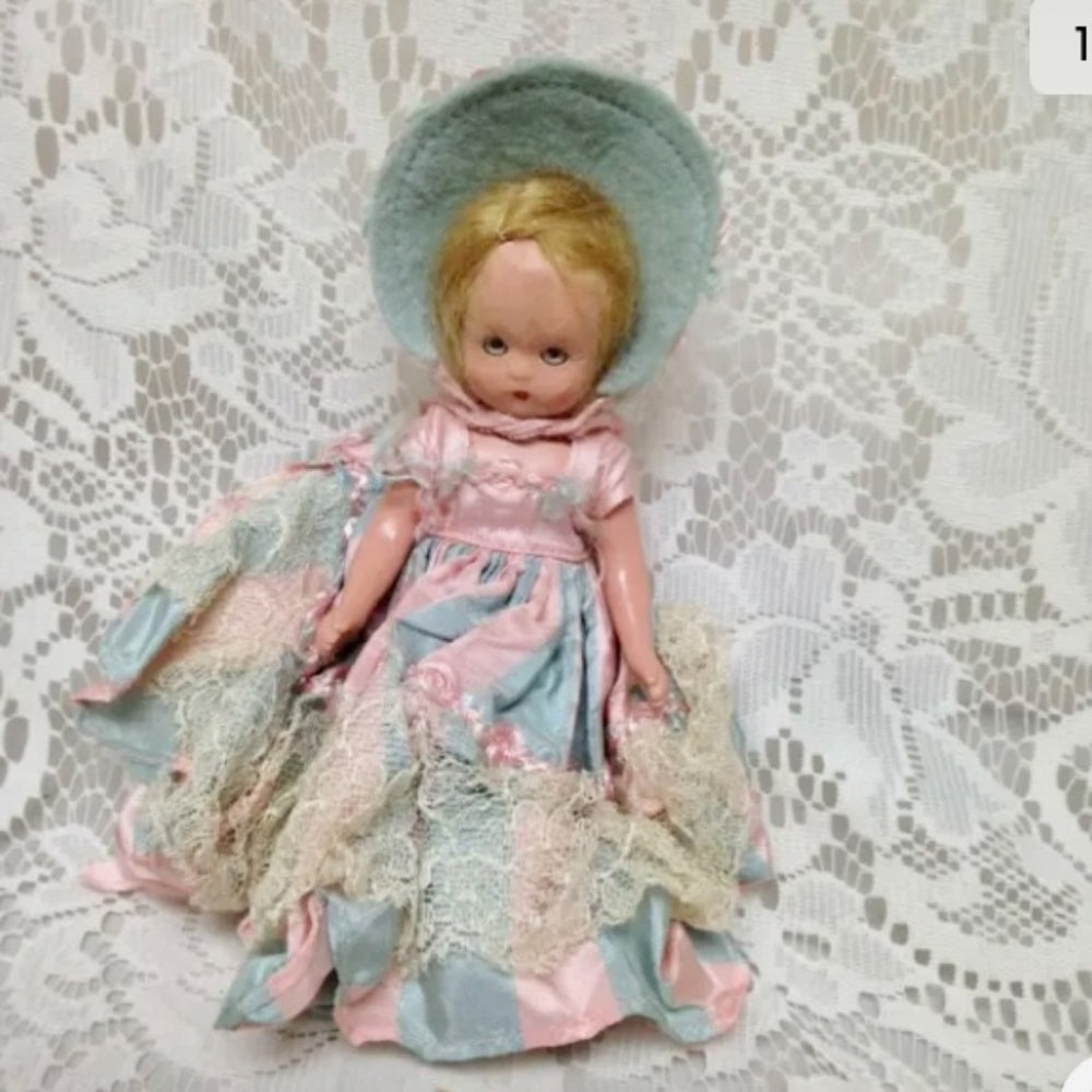 Vintage1940-50s 5.5in Nancy Ann Story Book Doll in Pink n Blue Stripes Dress/Hat