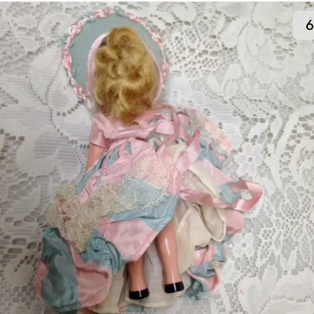 Vintage1940-50s 5.5in Nancy Ann Story Book Doll in Pink n Blue Stripes Dress/Hat