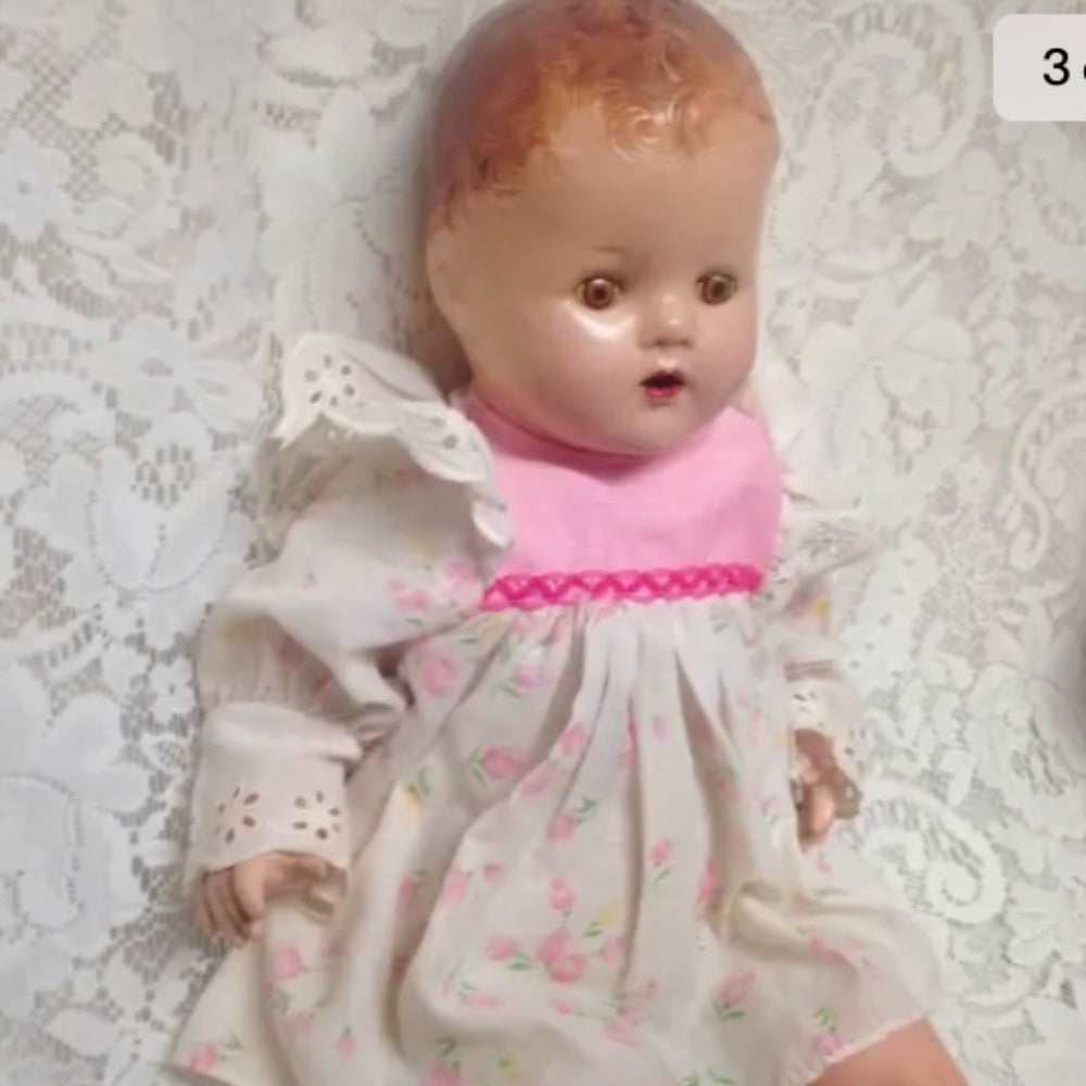 1930s 20-inch Composition Doll with White and Pink Dress